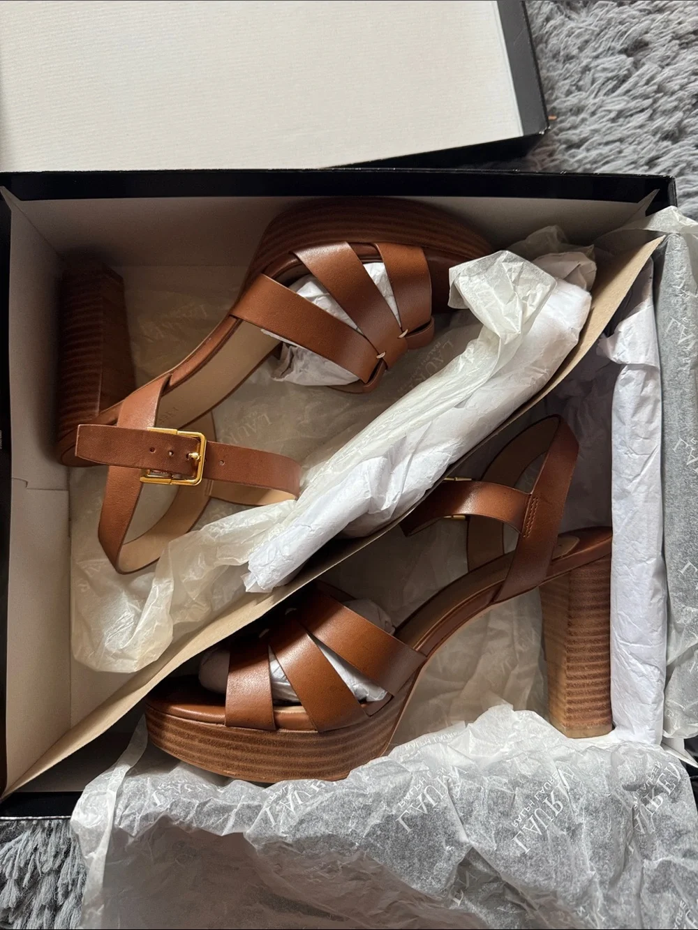 Lauren Ralph Lauren Soffia Tan Leather Strappy Block Heel Sandals Size 9